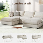 118.5" Down Filled Cloud Couch, Chenille Modular Sectional Sofa with Storage Ottoman, 3-Seater L Shape Sofa with Throw Pillows, Mordern Sectional Couches for Living Room, Beige
