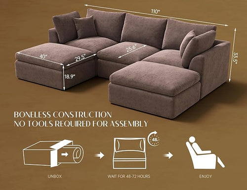 110" Cloud Sectional Couches for Living Room, Boneless U Shaped Couch with Ottoman, 3 Seater Modular Sectional Sofa, Brown