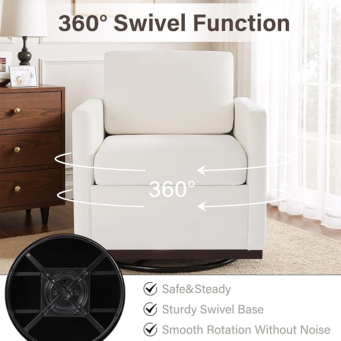 UIXE Swivel Accent Chair, Chenille Upholstered Armchair Comfy Club Chair for Living Room, Mid Century Modern Arm Chair Single Sofa Nook Bedroom Side Reading Seat - Beige