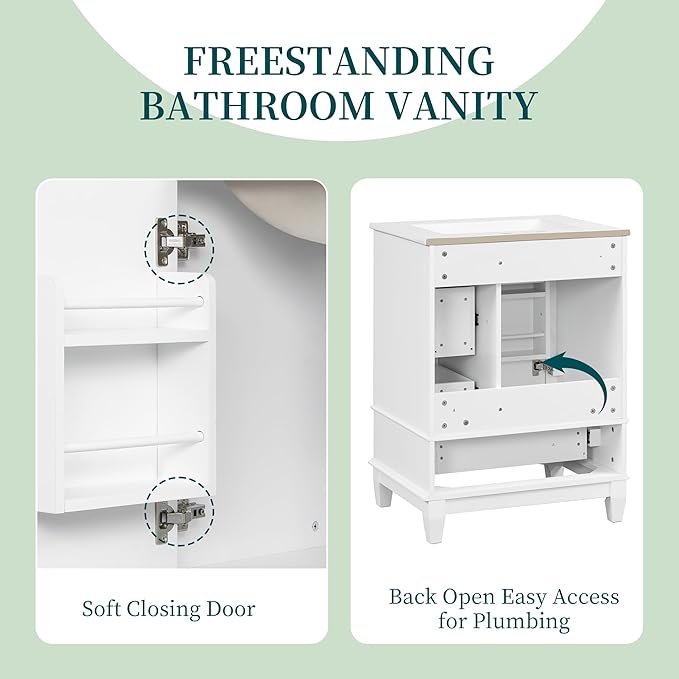24 Inch Bathroom Vanity with Sink, Freestanding Bathroom Sink Cabinet with 3 Drawers and Storage Door Rack Organizer, Solid Wood Legs, White