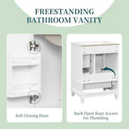 24 Inch Bathroom Vanity with Sink, Freestanding Bathroom Sink Cabinet with 3 Drawers and Storage Door Rack Organizer, Solid Wood Legs, White