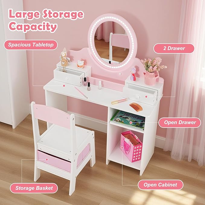 JOYLDIAS Kids Vanity with Lights, Pink Girls Makeup Vanity with 2 Drawer, Storage Cabinet & Shelves, 2 in 1 Toddler Vanity Table and Chair Set, Dressing Table for Kids 3+