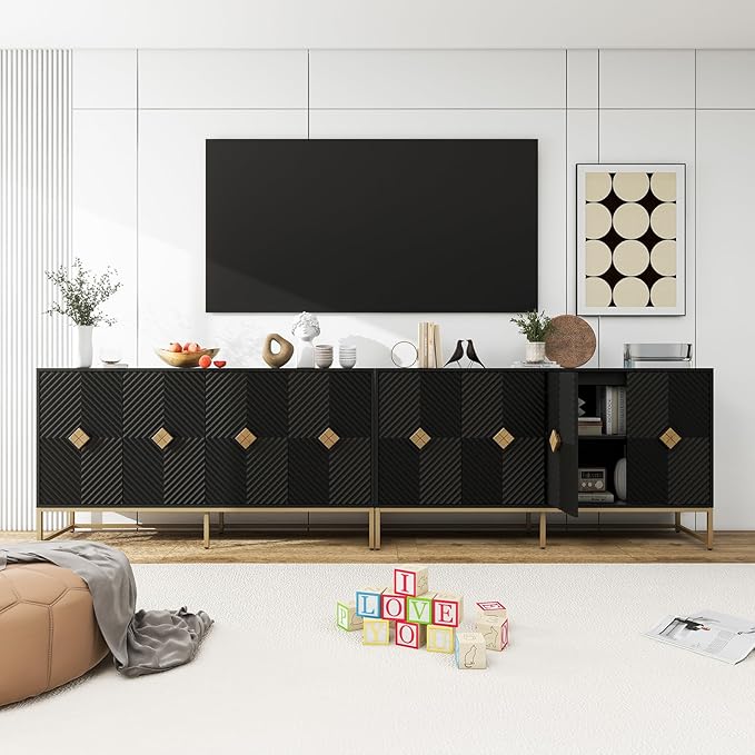 Sideboard Buffet Cabinet with Storage - Accent Storage Cabinet with Doors, Wood 4 Doors Cabinet with Metal Legs, 60" Buffets & Sideboards, Modern Credenza for Living Room (Black)
