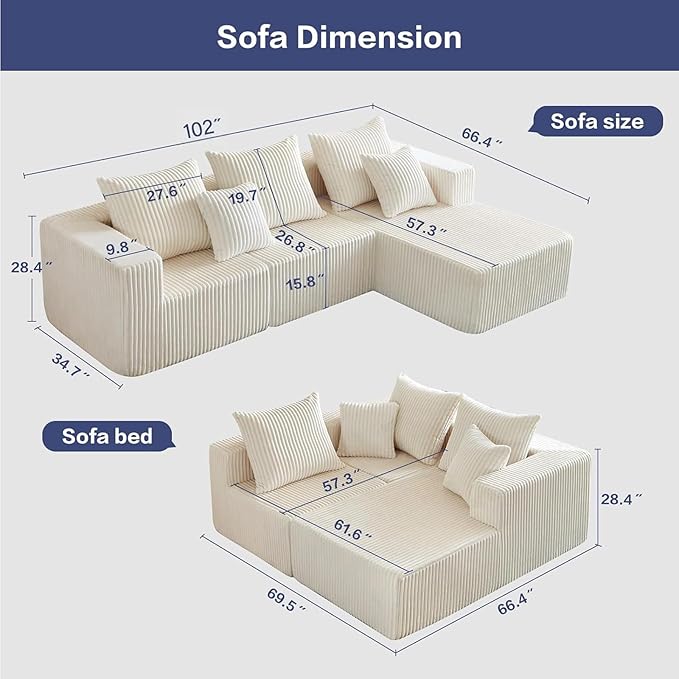 102" Modular Sectional Sofa for Living Room,Boneless Couch in A Box with Ottoman,Memory Foam Sectional Couches for Apartment,Cloud Couch No Assembly Required,Beige