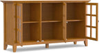 SIMPLIHOME Acadian SOLID WOOD 62 inch Wide Transitional Wide Storage Cabinet in Light Golden Brown for the Living Room, Entryway and Family Room