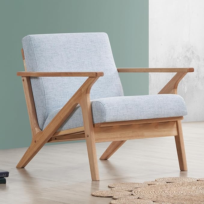 Zola Mid Century Modern Accent Chair Arm Chair, Living Room Furniture, Oak/Light Blue