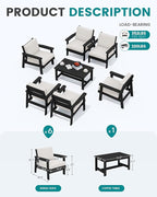 SERWALL Patio Conversation Sets, 7 Piece, Black Frame with Khaki Cushions