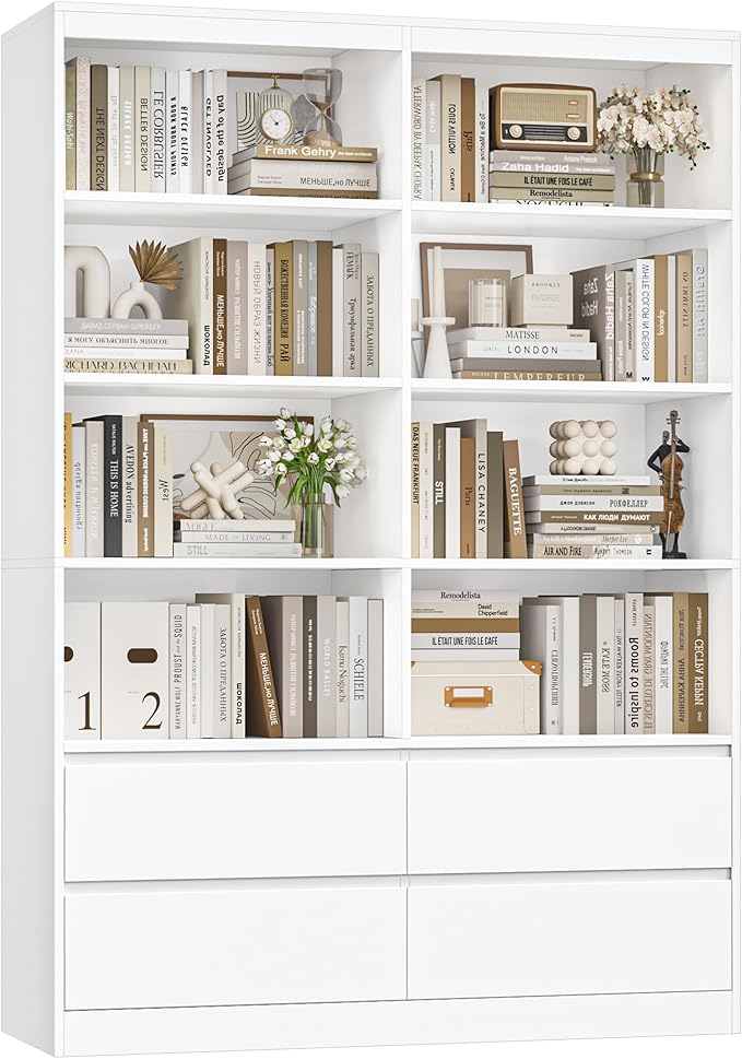 FINETONES 71" White Bookshelf with Drawers, 47.3" Double Wide Bookshelves and Bookcases with Storage, Tall Bookshelf Large Open Book Shelf Standing Book Case for Home Office, White