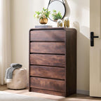 Modern 5 Drawers Dresser for Bedroom, 45" Tall Dressers & Chests of Drawers w/Curved Profile Design, Wood Mid Century Vertical Dresser w/Natural Texture for Bedroom, Living Room, Brown