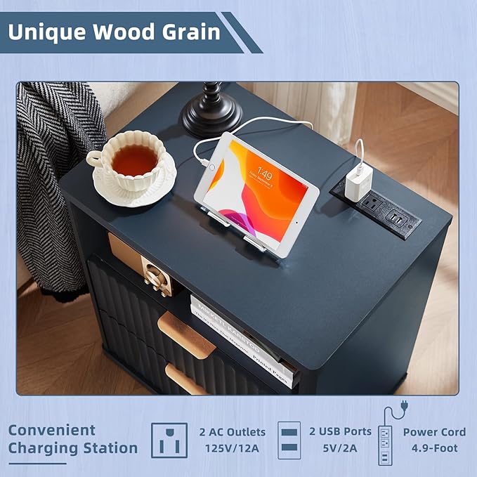 LEYAOYAO Fluted Nightstand with Charging Station, 23" Wide 2 Drawers End Table,Night Stand with Open Storage Cabinet, Farmhouse Bed Side Tables, Wood Dresser for Bedroom, Living Room, Closet, Blue