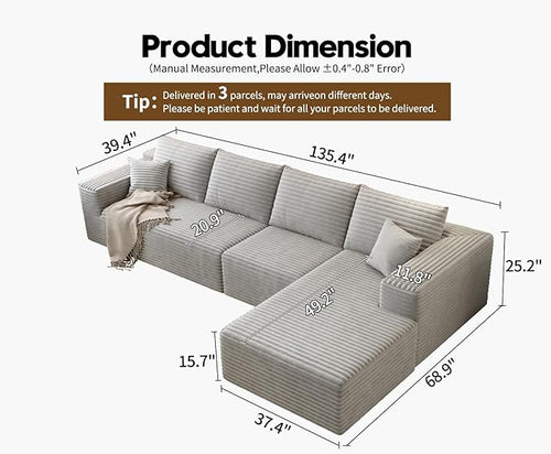 135.4" Cloud Sectional Couch with L-Shape Chaise,Modern Modular Sofa with Deep Seat, Upholstered Couches for Living Room Bedroom Apartments,No Assembly Required, (Grey,Right Facing Chaise)