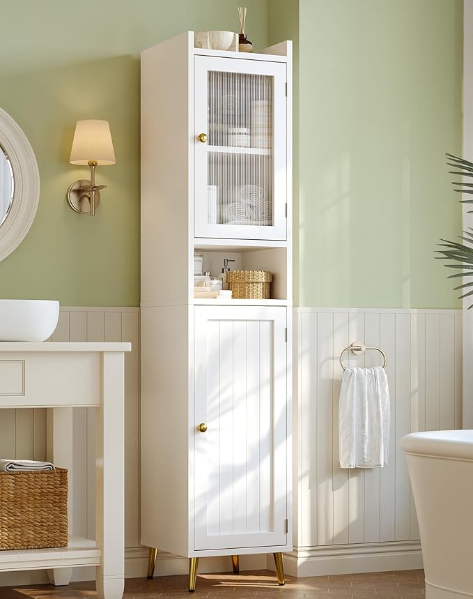 Bathroom Storage Cabinet, Bathroom Cabinet with 6 Shelves & 2 Doors, Tall Bathroom Storage Cabinet for Bathroom, Kitchen, Laundry Room, White