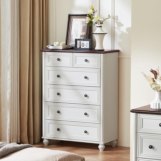 Farmhouse Dressers and Night Stand Set of 3, Wood 43.5'' Tall Dresser and 18'' Wide Chest of Drawers, Roman Column Nightstand Set of 2, Bedroom Furniture Dresser Suites for Living Room, Hallway, Home