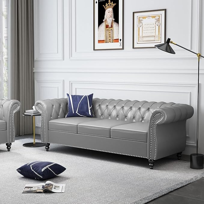 Chesterfield 3 Seater Sofa, Modern Leather Tufted Couch 3 Seater with Rolled Arms and Nailhead Mid-Century Upholstered Couch for Living Room, Bedroom, Apartment and Office, Grey