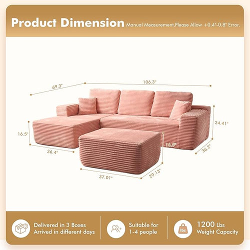 106" Cloud Sectional Couch with L-Shape Chaise & Ottoman, No Assembly Modular Sofa, Deep Seat Plush Corduroy Boneless Couched for Living Room (Pink Plush Corduroy, Left Facing Chaise with Ottoman)