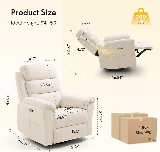 FLEXISPOT XRC6-Pro Nursery Power Glider Recliner with Adjustable Headrest, 270° Swivel Rocker Recliner for Nursery w/Massage & Heat, Water & Stain Resistant Ribbed Chenille, FSC Certified, Beige