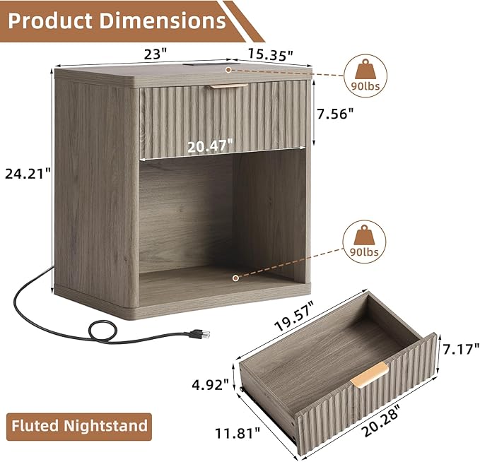 LEYAOYAO Fluted Farmhouse Nightstand Set of 2 with Charging Station, 23" Wide 1 Drawers End Table,Grey Dresser for Bedroom,Bed Side Table Chest of Drawers Cabinet,Wood Night Stand for Living Room