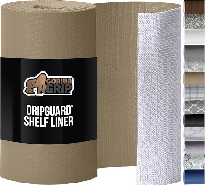 GORILLA GRIP DripGuard Shelf Liner, Non Adhesive Drawer and Kitchen Cabinet Protector, Slip Resistant BPA Free Smooth Surface Plastic Liners for Cabinets, Bathrooms, Closets, 17.5x120 Inch, Beige