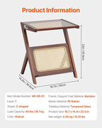 VEVOR End Table, Z-Shaped Rattan Woven Bamboo Coffee Table with Tempered Glass Top, 20” Modern Boho Storage Coffee Table with Natural Bamboo Legs, for Living Room, Bedroom & Small Spaces