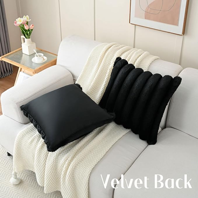 FUTEI Black Decorative Throw Pillow Covers 16x16 Inch Set of 2, Square Soft Faux Rabbit Fur Thick Striped Cushion Cover,Winter Home Decor for Couch Bed Living Room