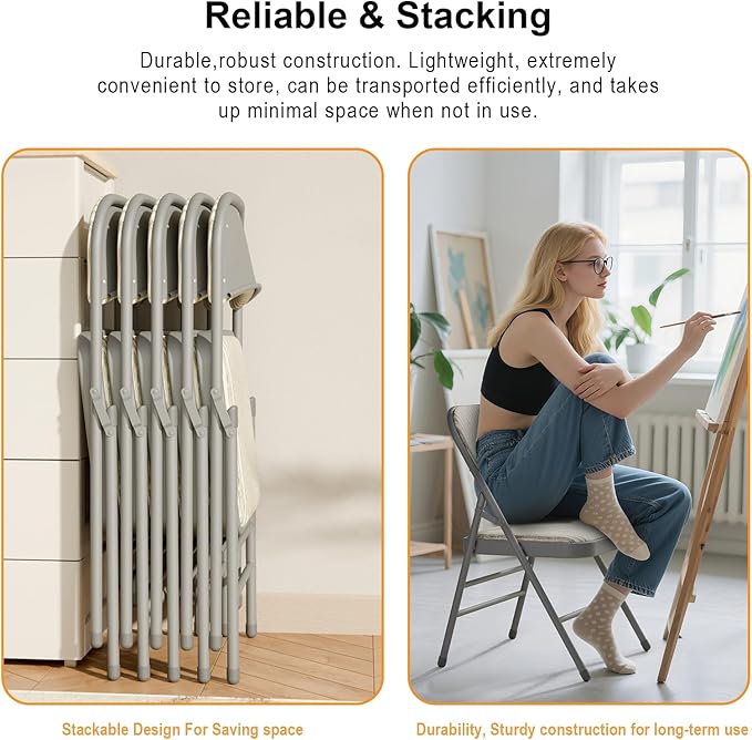 6 Pack Folding Chairs Fabric Dining Chair Set with Padded Cushion and Back, Indoor Outdoor Foldable Seat with Steel Frame for Home Office Events Wedding Party, Oatmeal Strip Seating