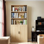 75" Tall Bookcase with Doors, 5 Tier Large Bookshelf with Cabinet, Standing Wood Display Book Shelf for Living Room, Office, Library with Doors, Oak