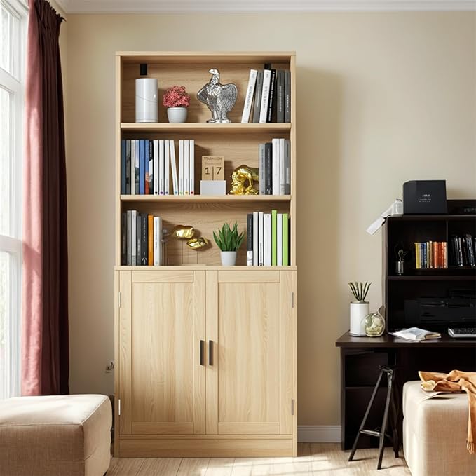 75" Tall Bookcase with Doors, 5 Tier Large Bookshelf with Cabinet, Standing Wood Display Book Shelf for Living Room, Office, Library with Doors, Oak