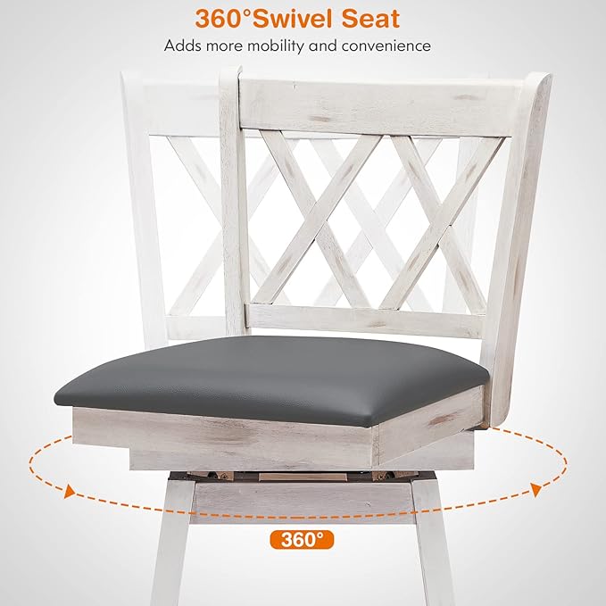 COSTWAY Bar Stool Set of 2, 360° Swivel Bar Height 29.5 inch Bar Stool with Foot Rest Upholstered Cushion & Ergonomic Backrest, Sturdy Frame, for Pub, Restaurant, Home (2, Antique White+ Grey)