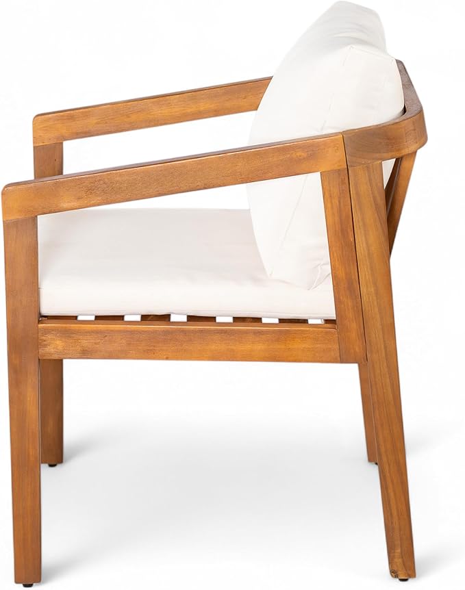 Christopher Knight Home Lucid Set of 2 Outdoor Dining Chair, Acacia Wood Frame Dining Chairs, Accent Chair Set with Comfortable Cushions, Patio Armchair for Backyard Poolside Garden, Natural + Beige