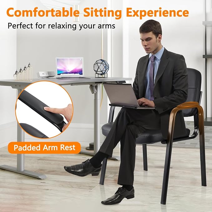 CLLATINA Waiting Room Chairs with Padded Arms Leather Guest Chair no Wheels for Office Reception and Conference Desk Black 2PK
