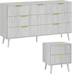 LYNSOM Fluted Dresser and Nightstand Sets 2 Piece, 2-Drawer Nightstands and 7-Drawers Dresser, Wood Bedroom Furniture Set for Home, Bedroom, Hallway, White