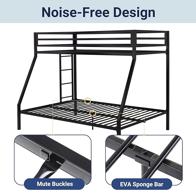Allewie Metal Bunk Bed Twin Over Full Size for Junior & Adults with Ladder and Heavy Duty Guardrail, Small Space Saving Design for Bedroom Kid Room and Dorm, Black