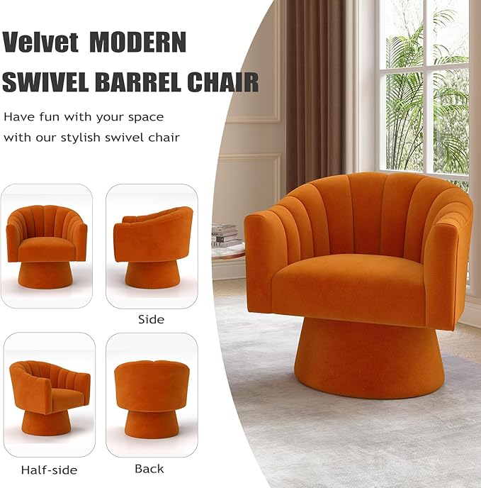 Swivel Accent Chair Set of 2, Upholstered Velvet 360° Swivel Barrel Chair for Living Room Overstuffed Bouncle Reading Chair Round Armchair for Bedroom,Vanity,Office (Orange)