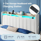 Allewie Velvet Vertical Tufted King Size Upholstered Platform Bed Frame with 2-Tier LED Storage Headboard & 2 Storage Drawers, USB & Type-C Charging Ports, Noise-Free/No Box Spring Needed, White