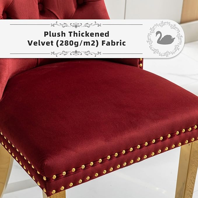 Velvet Upholstered Dining Chairs Set of 4, Modern Style Kitchen Side Chairs with Nailhead Trim and Gold Plated Leg, Metal Pulling Ring for Dining Room Living Room(Wine Red-Gold Plated Leg)
