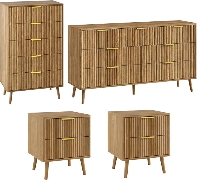 LYNSOM Fluted Dresser and Nightstand Sets 4 Piece, 2-Drawer Nightstands and 5/7 Drawers Dresser, Wood Bedroom Furniture Set for Home, Bedroom, Hallway, Natural Oak