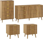 LYNSOM Fluted Dresser and Nightstand Sets 4 Piece, 2-Drawer Nightstands and 5/7 Drawers Dresser, Wood Bedroom Furniture Set for Home, Bedroom, Hallway, Natural Oak