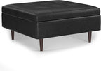 SIMPLIHOME Shay 38 inch Wide Mid Century Modern Large Square Coffee Table Storage Ottoman in Distressed Black Vegan Faux Leather, Assembled, for The Living Room and Entryway