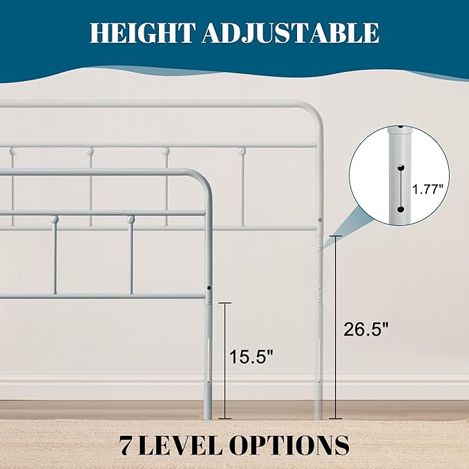 Metal King Size Headboard Only, Sturdy and Durable Iron King Headboard Adjustable Height from 34” to 44”, Victorian Vintage Bed Headboards, Farmhouse Head Board, Bed Frame Mount Grey