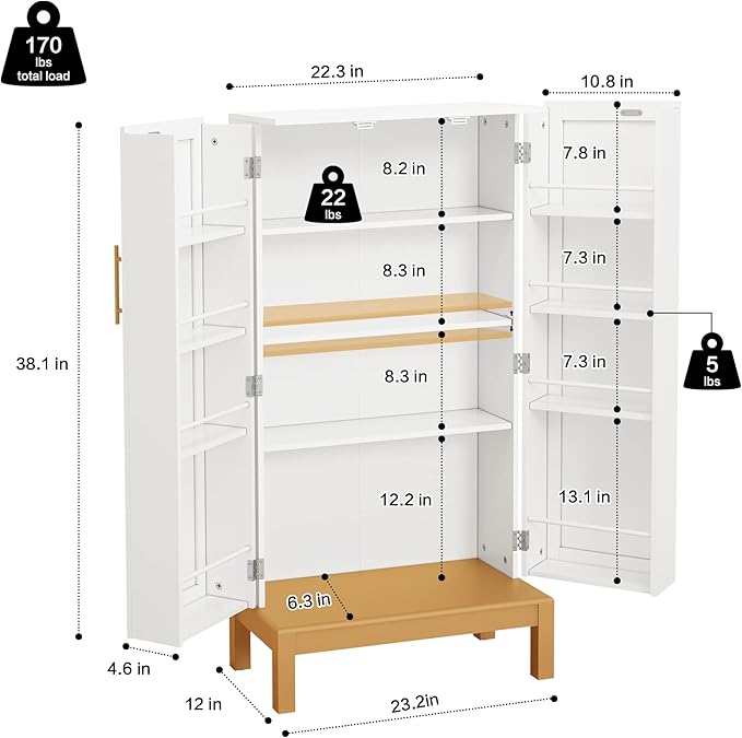 ARTPOWER 45'' Kitchen Pantry Cabinet, 4 - Layer Storage Cupboard with Adjustable Shelves for Storage Cabinet Pantry, Food Pantry Cabinet for Kitchen, Dining Room and Living Room,Gold Legs, White