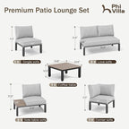 PHI VILLA 7 Pieces Outdoor Patio Furniture Set,Metal Frame Modern Outdoor Sectional Sofa Set,8 Seats Patio Conversation Sets with Coffee Table&Thickened Cushion,for Poolside and Backyard,Light Grey