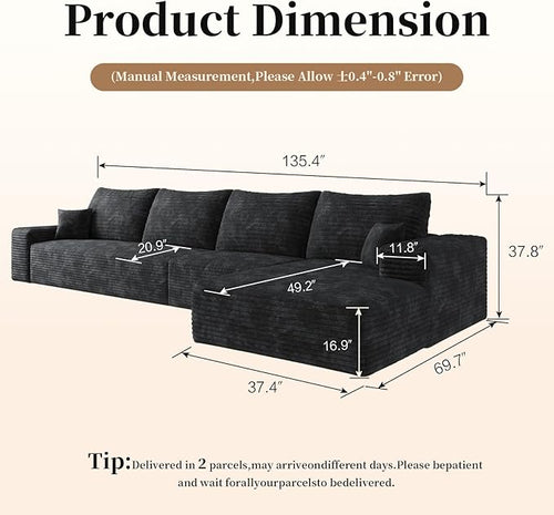 135.4" Large Cloud Modular Sectional Sofa with L-Shape Chaise, Deep Seat Upholstered Couches for Living Room，No Assembly Required, Corduroy Pet-Friendly Fabric (Black, Right Facing Chaise)