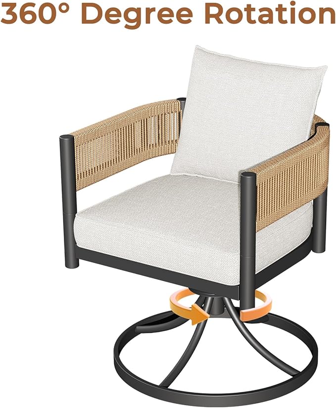 Grand patio 7-Piece Outdoor Dining Set for 6, Metal Woven Wicker Swivel Patio Chairs with Thickened Cushions & 1 Walnut-Like Aluminum Dining Table for Backyard Deck