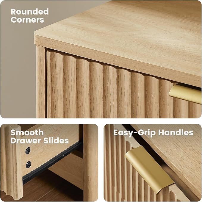 Amada Modern 7 Drawer Dresser, Fluted Wood Chest of Drawers with Rounded Corners, Pre-Installed Drawer Slides, Dresser TV Stand and Storage Organizer for Bedroom or Hallway in Natural Oak