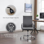 Office Desk Chair Leather, Conference Room Chairs with Wheels, Executive Modern High Back Ergonomic Swivel Rolling Ribbed Computer Chair