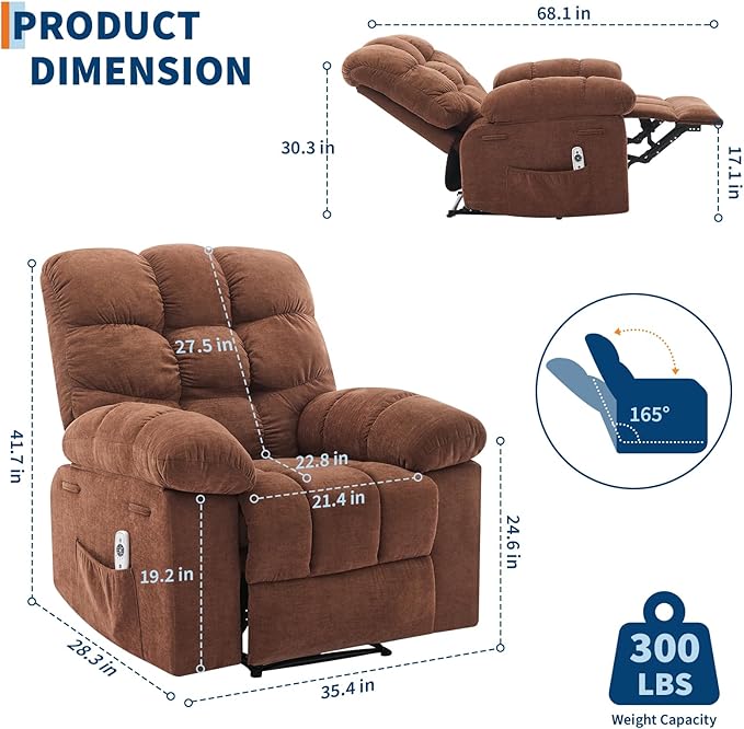 Recliner Rocking Chair with Massage and Heat, Wide Overstuffed Ergonomic Fabric Recliner with Breathable Upholstery, 2 Side Pockets & Remote Control for Living Room or Bedroom