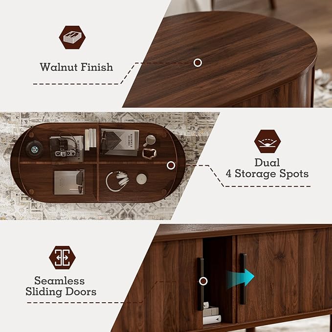 Coffee Table for Living Room, Modern Oval Coffee Table with Cabinets & Sliding Doors, Home Small Space, 47.2" Fluted Center Table, Walnut