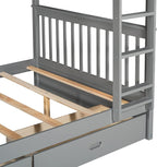 Merax Wood Bunk Bed with Drawers,Convertible Wood Bunk Bed with Ladders and Two Storage Drawers,Solid Wood Detachable Bed Frame with Ladders,Full Over Full,Grey