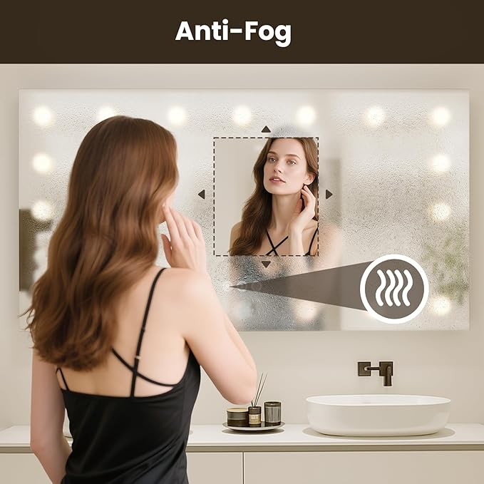 WTTY LED Bathroom Mirror with Lights 72"x36" Hollywood Wall-Mounted Mirror with 3 Color Temperatures, Stepless Dimmable Bulbs, Anti-Fog & Shatter-Proof