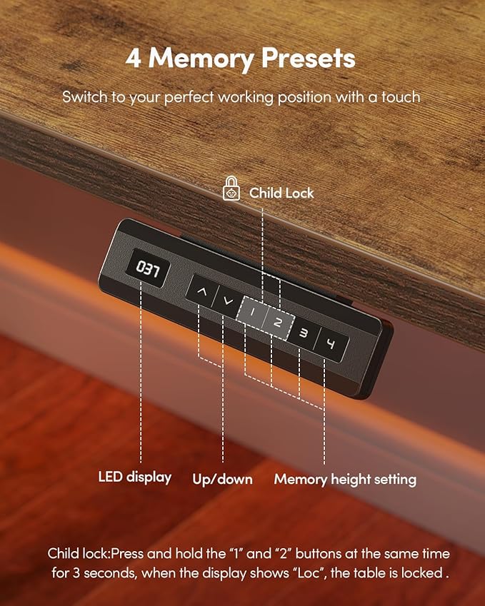 FEZIBO One-Piece Standing Desk Adjustable Height Stand up Home Office Desk, 48x24 Inch Electric Standing Computer Desk, with 4 Memory Presets, Headphone Hook, Rustic Brown